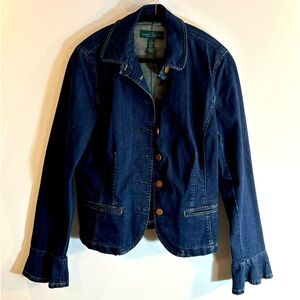 LAUREN RALPH LAUREN Sz 14 Denim Blazer Ruffle Wrist Brown Buttons Mid-Dark Wash
